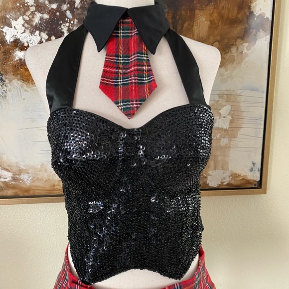 Hustler playmate playgirl skirt sequin corset tie outfit Halloween costume OS EC - Picture 2 of 11